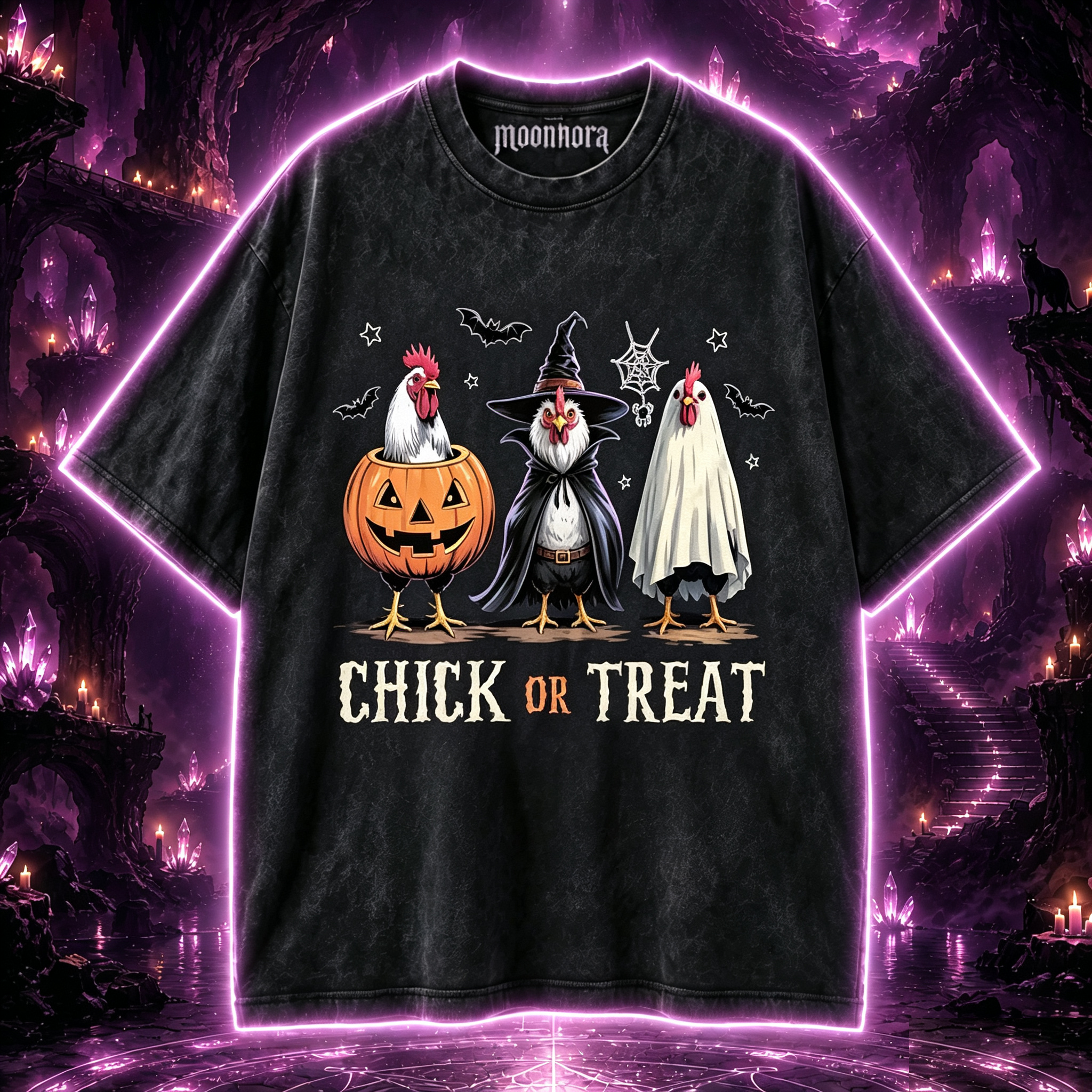 Moonnora Humor Pumpkin Witch Ghost Chicken Halloween Washed T-Shirt