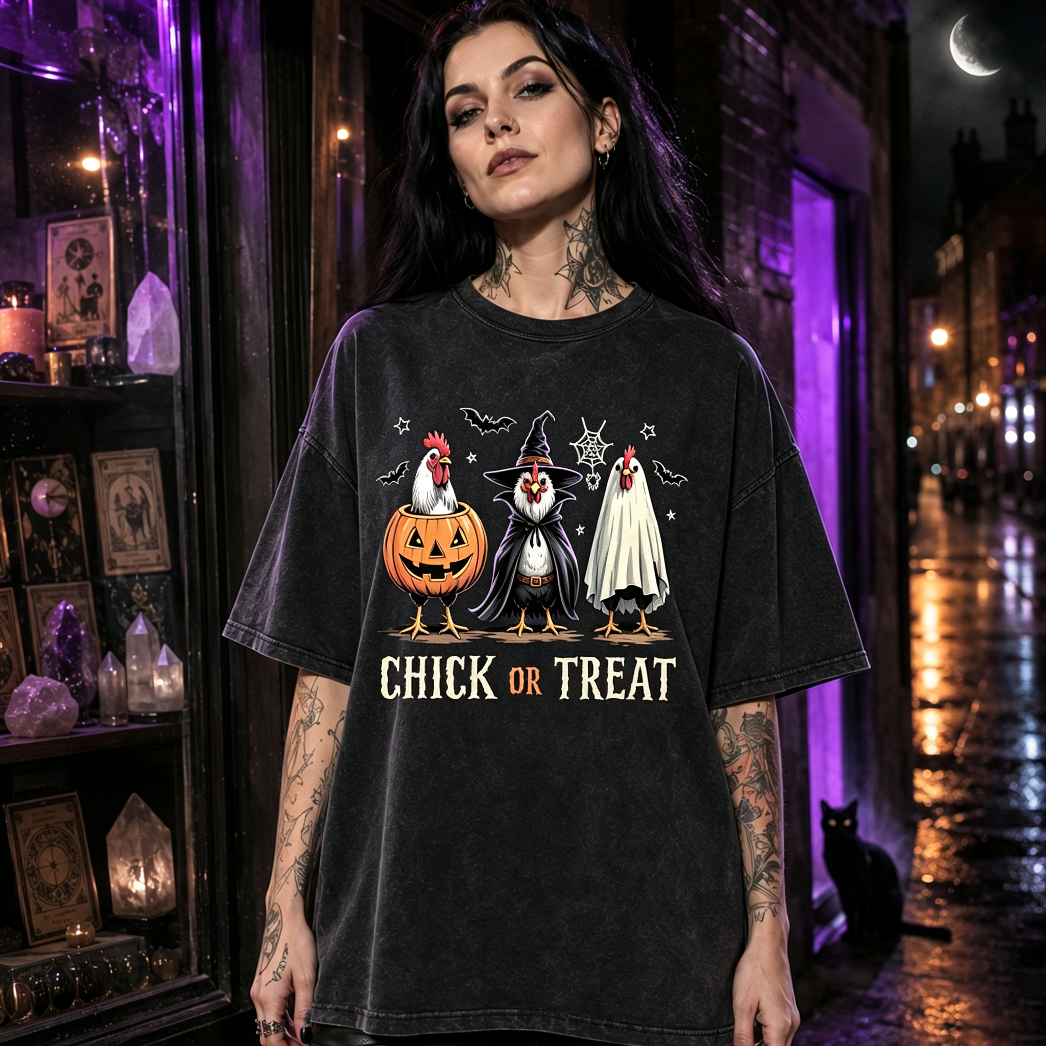 Moonnora Humor Pumpkin Witch Ghost Chicken Halloween Washed T-Shirt