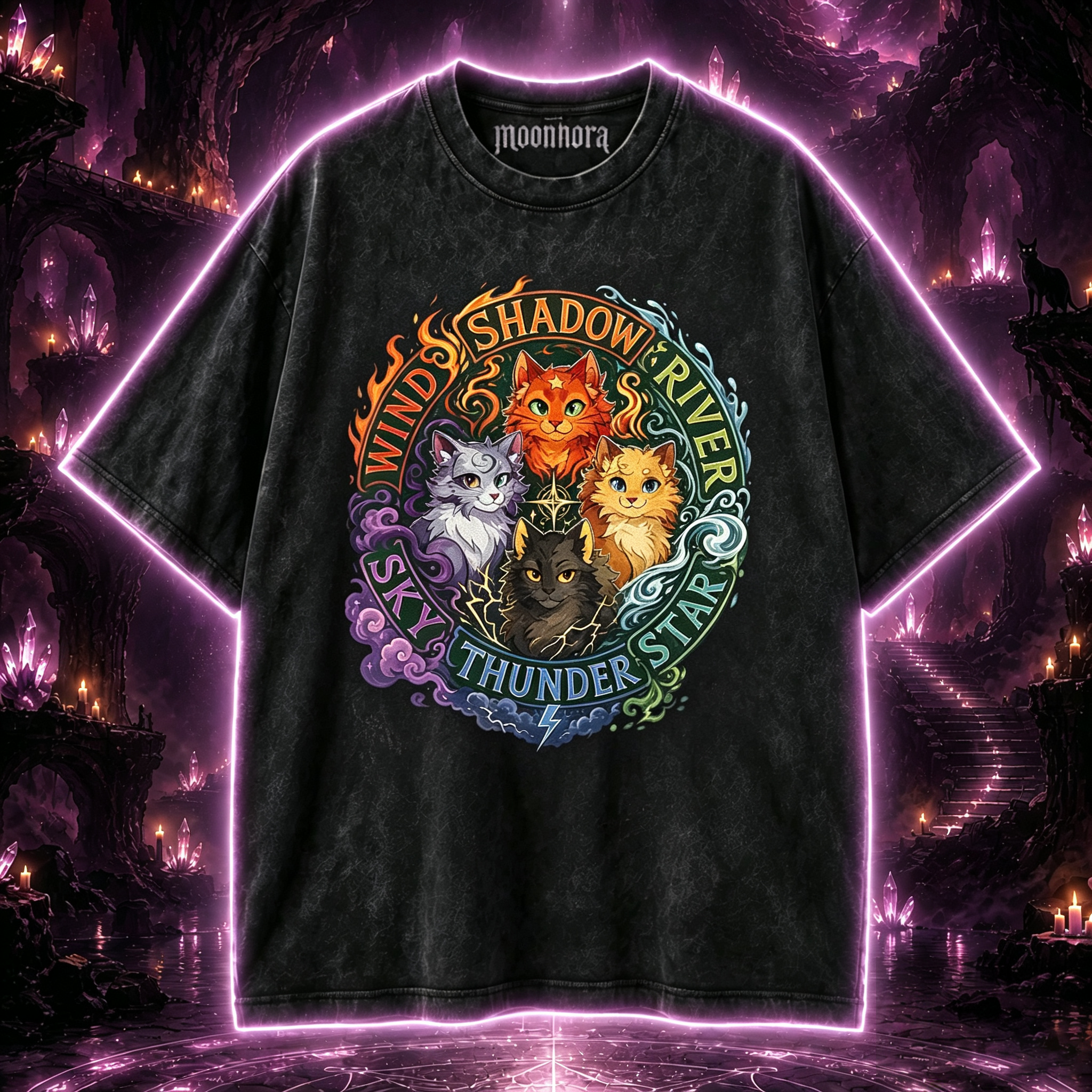Moonnora Fantasy Warrior Cats Elements Clan Crest Fire Star Thunder River Wind Shadow Washed T-Shirt