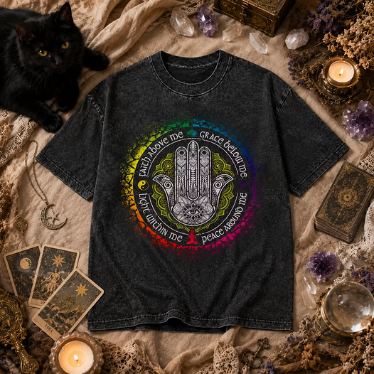 Moonnora Light Faith Grace and Peace Prayer Hand Tarot Card On Comfort Colors Washed T-Shirt