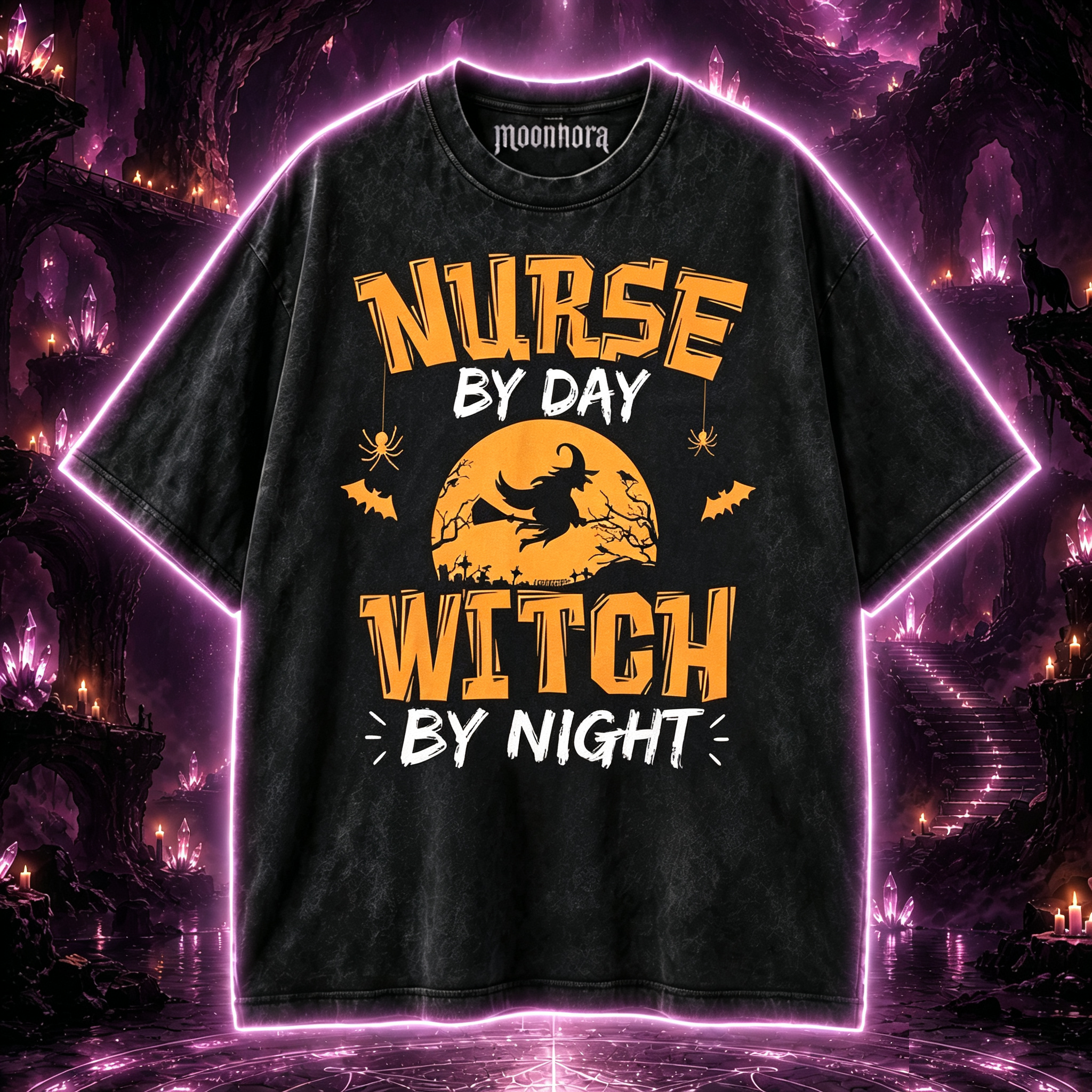 Moonnora Funny Nurse By Day Witch By Night Job Humor Washed T-Shirt