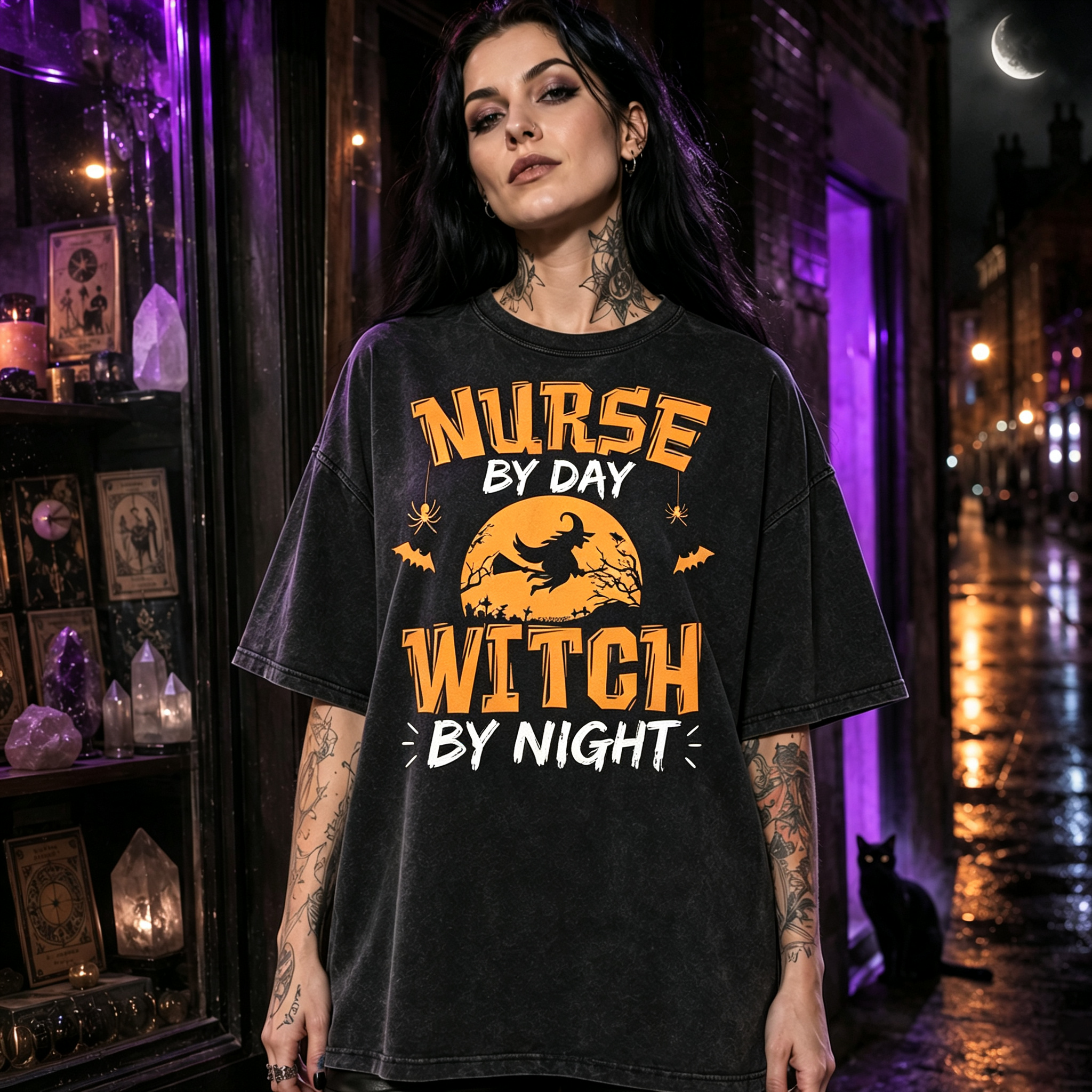 Moonnora Funny Nurse By Day Witch By Night Job Humor Washed T-Shirt