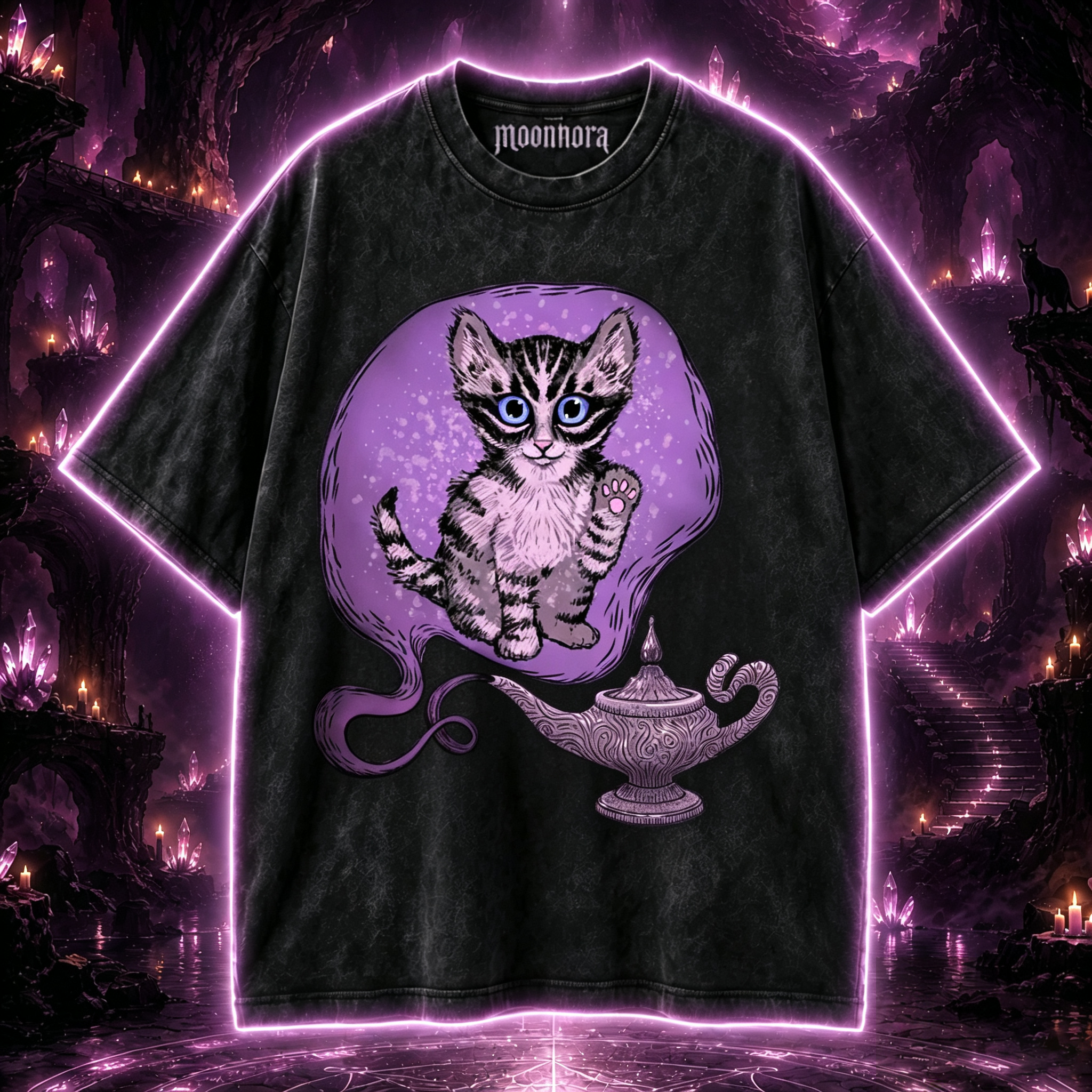 Moonnora Lamp‑Bound Feline Genie Washed T-Shirt