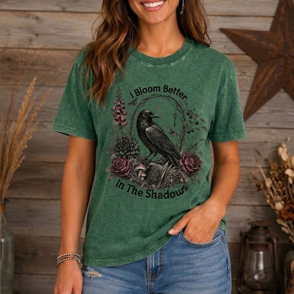 Moonnora Vintage I Bloom Better In The Shadow Raven Tarot Card On Comfort Colors Washed T-Shirt