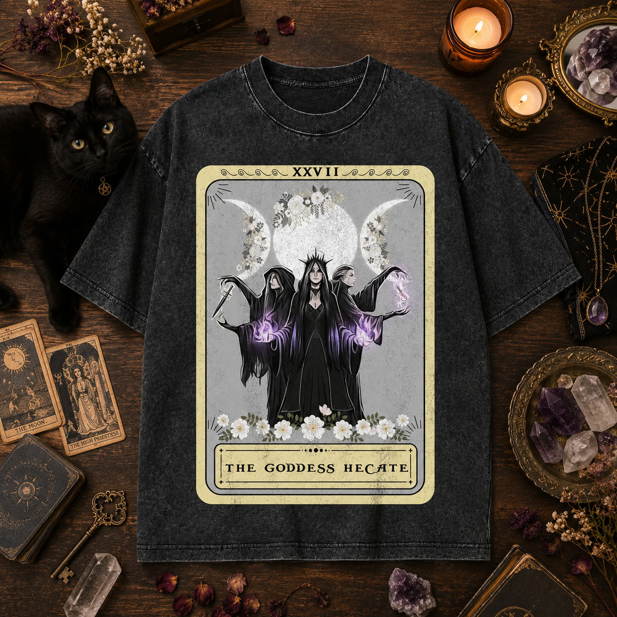 Moonnora Hecate Goddess Triple Moon Design Tarot Card On Comfort Colors Washed T-Shirt