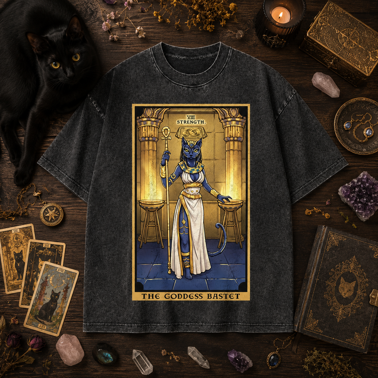 Moonnora The Goddess Bastet Strength Tarot Card On Comfort Colors Washed T-Shirt
