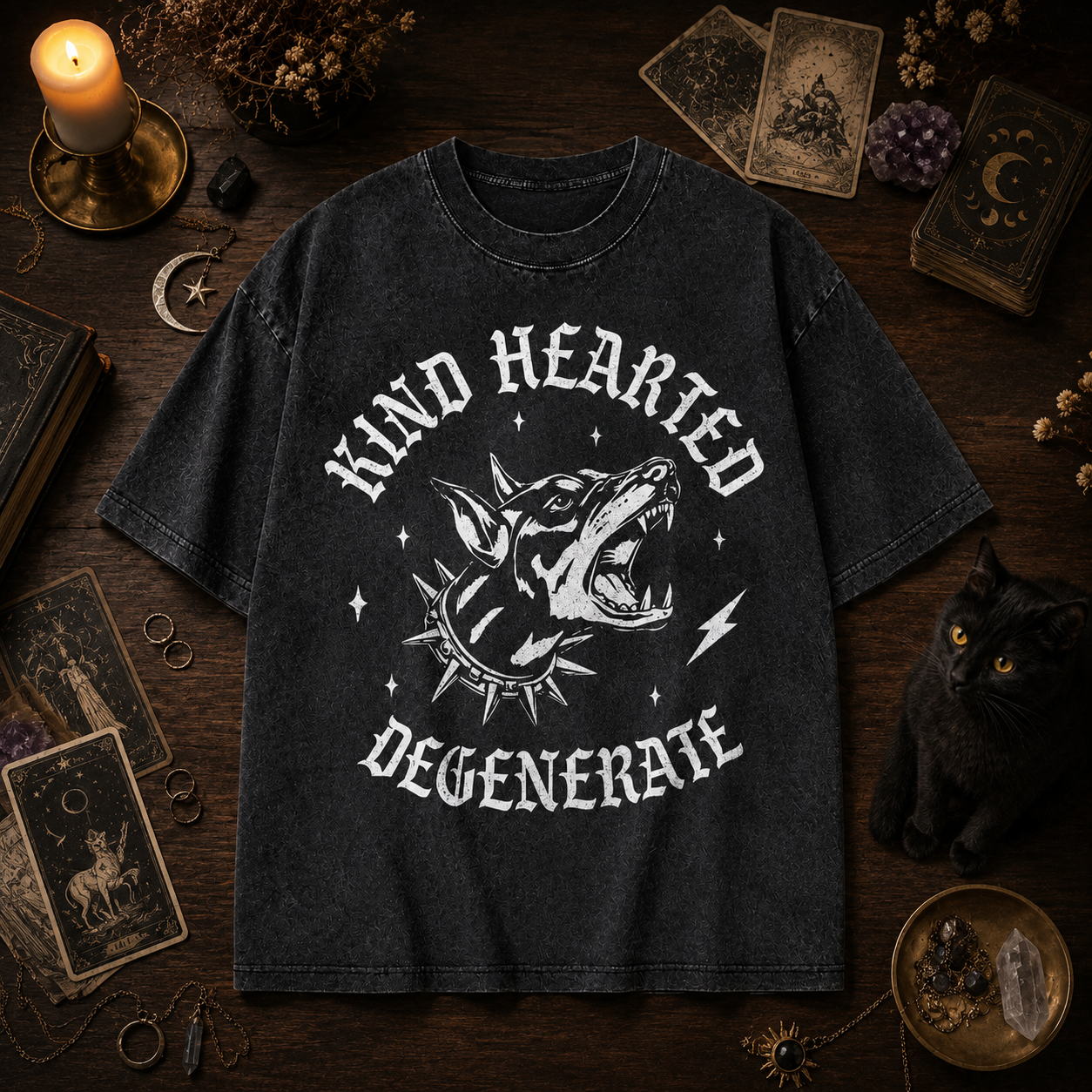 Moonnora Kind Hearted Degenerate Feminist Girl Power  Tarot Card On Comfort Colors Washed T-Shirt