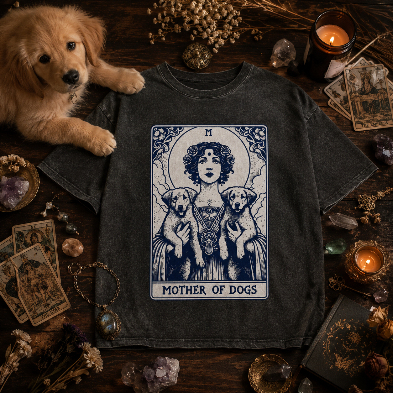 Moonnora Mother of Dog Tarot Card On Comfort Colors Washed T-Shirt