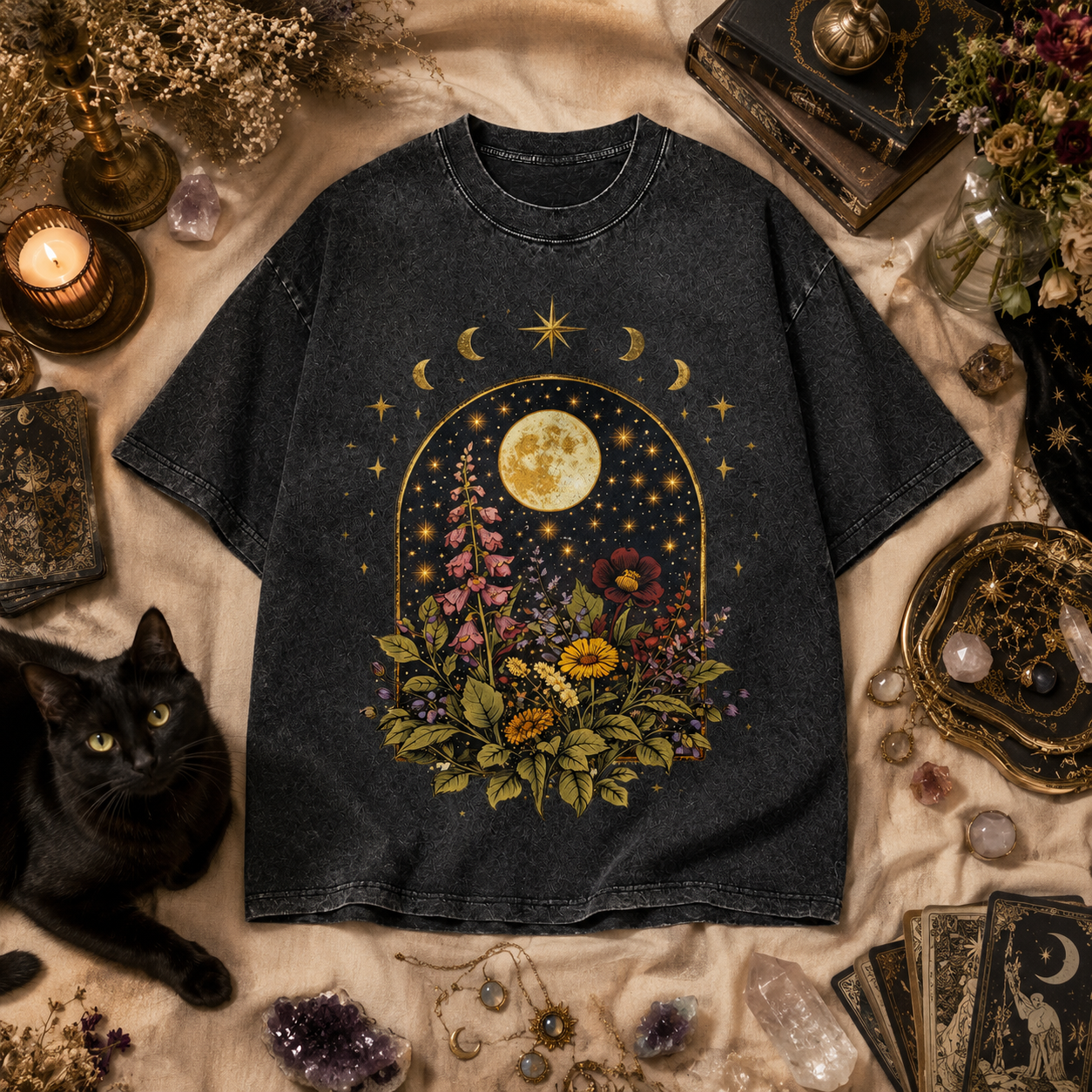 Moonnora Boho Celestial Moon Spiritual Floral Tarot Card On Comfort Colors Washed T-Shirt