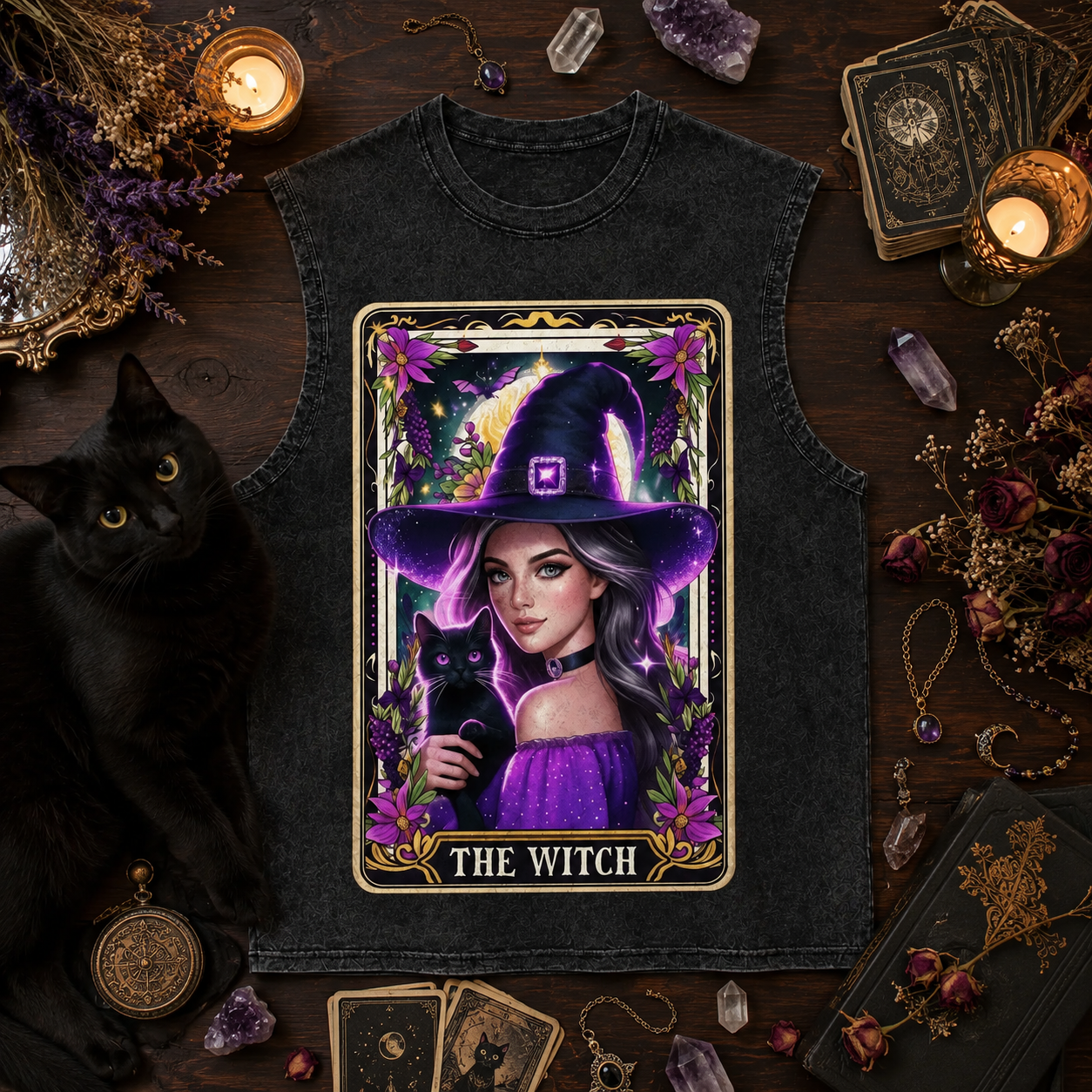 Moonnora Purple Witch Black Cat Halloween Magic Floral Tarot Card On Comfort Colors Washed Tank