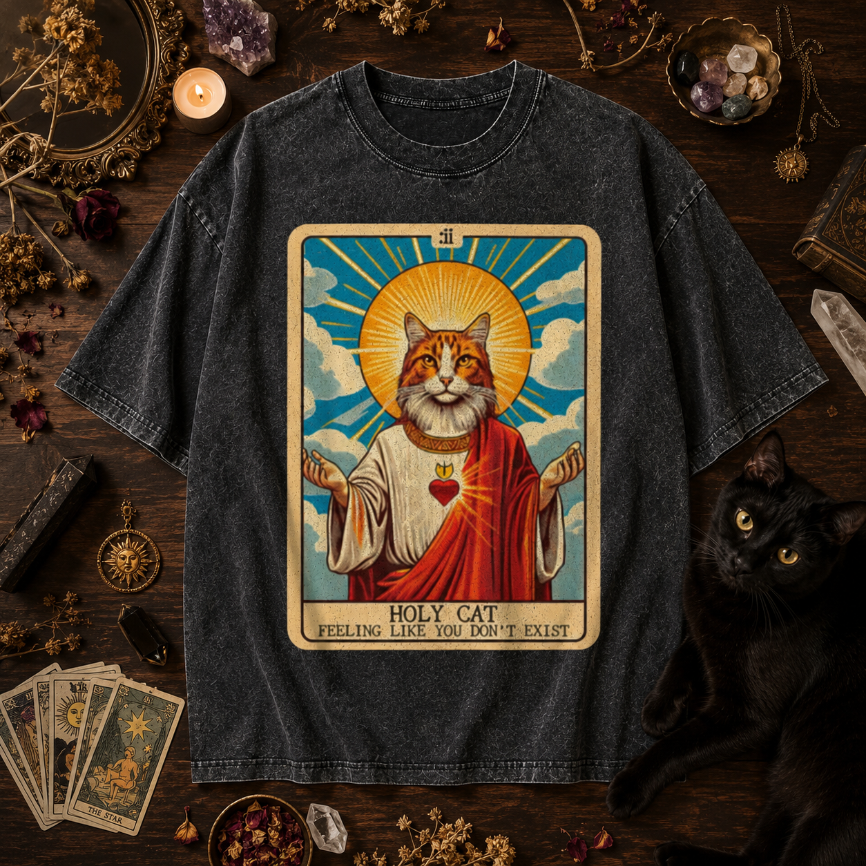 Moonnora Funny Religious Holy Cat Tarot Card On Comfort Colors Washed T-Shirt