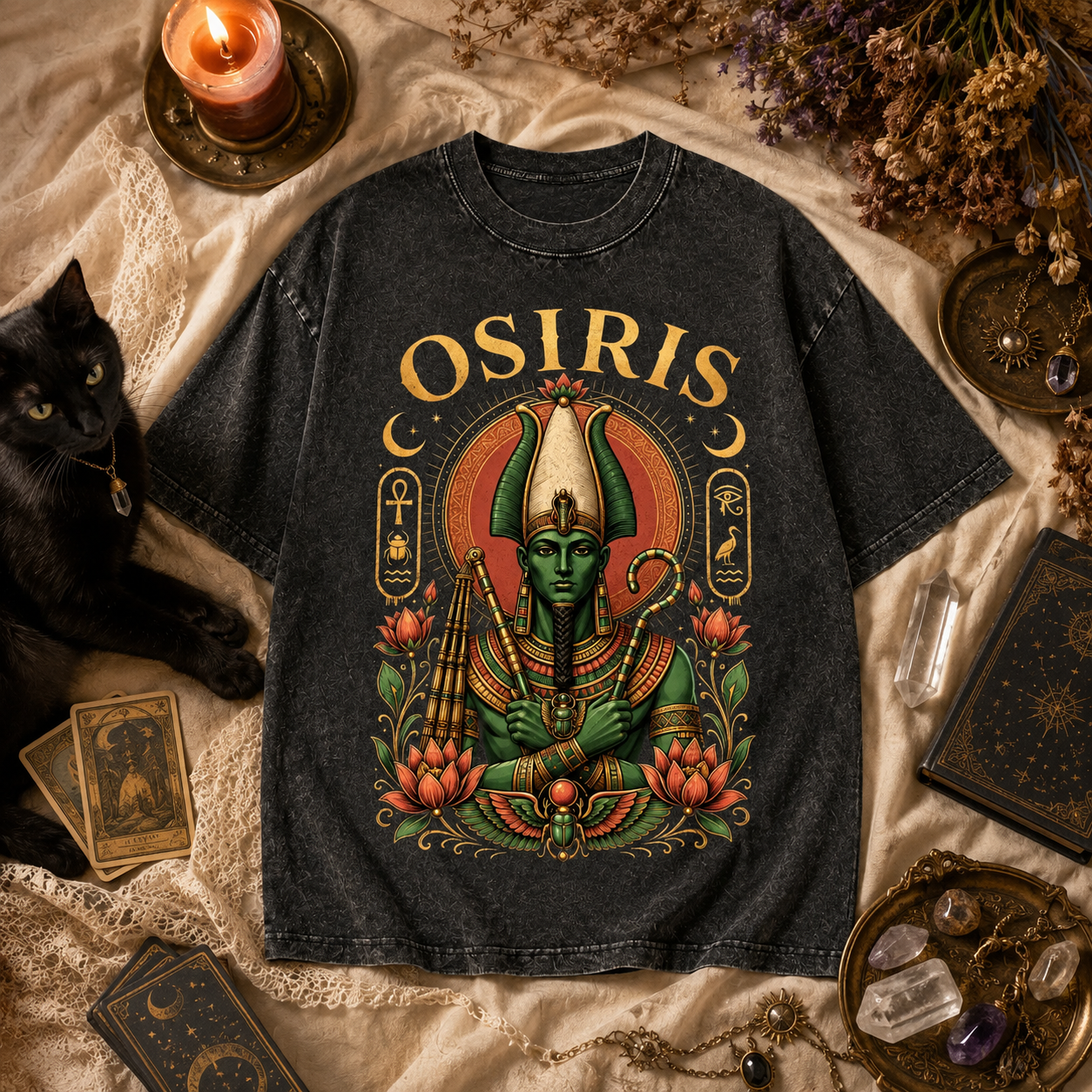Moonnora Osiris Egyptian God Tarot Card On Comfort Colors Washed T-Shirt