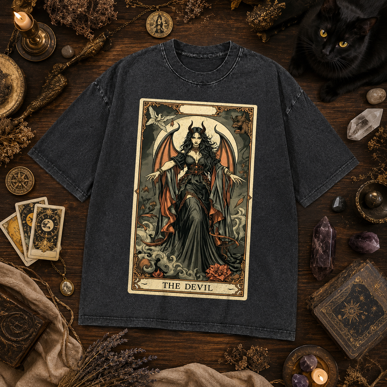 Moonnora The Devil Girl Tarot Card On Comfort Colors Washed T-Shirt