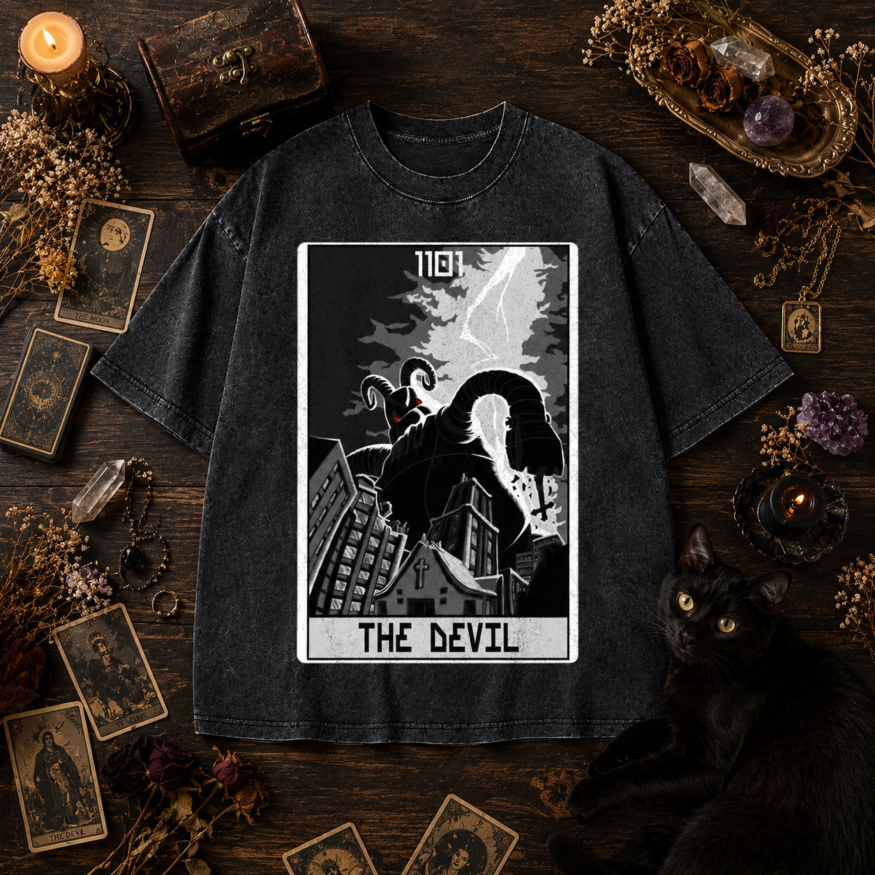 Moonnora Robo Tarot The Devil Tarot Card On Comfort Colors Washed T-Shirt