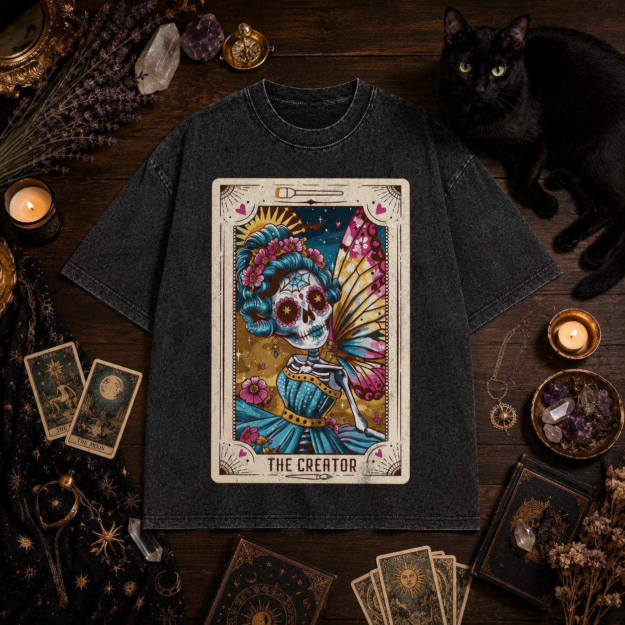 Moonnora Mystic Moon Phase Witchy Astrology Tarot Card On Comfort Colors Washed T-Shirt
