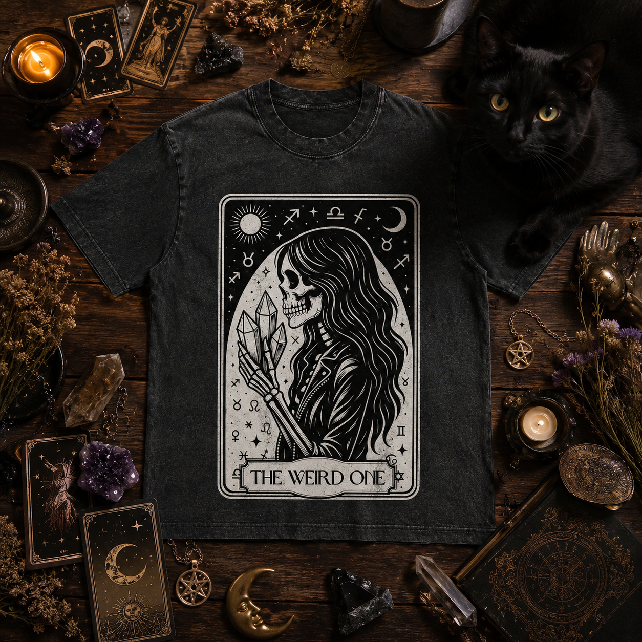 Moonnora The Weird One Halloween Skeleton Tarot Card On Comfort Colors Washed T-Shirt