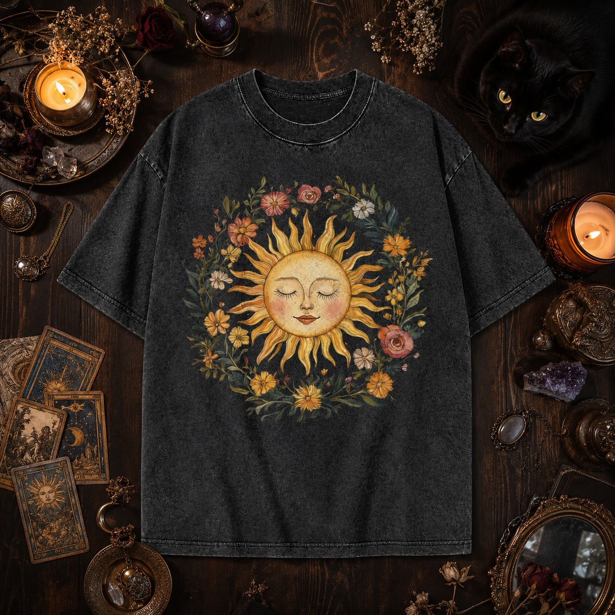 Moonnora Celestial Sun Tee Mystical Sun Graphic Tarot Card On Comfort Colors Washed T-Shirt