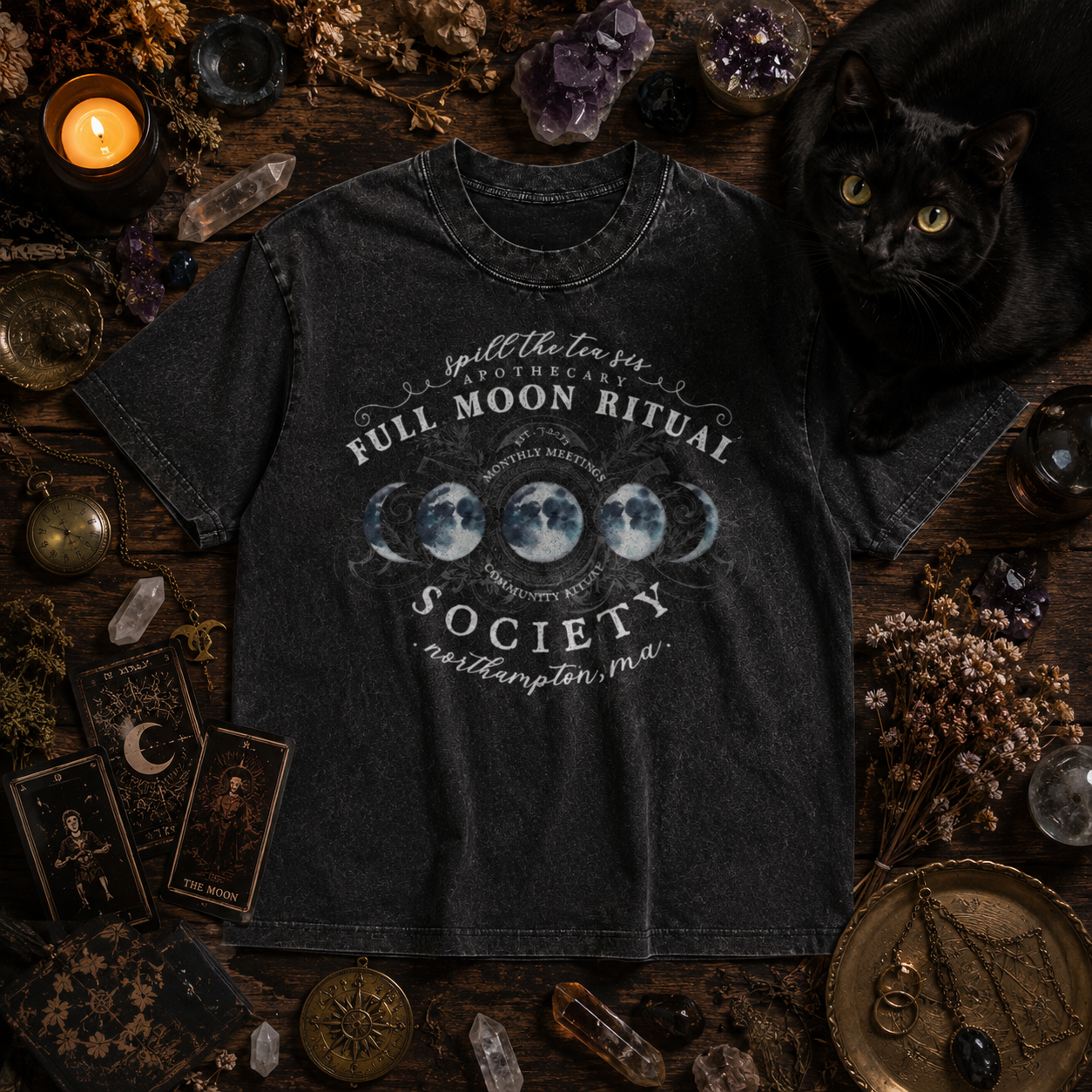 Moonnora White Full Moon Ritual Tee Celestial Tarot Card On Comfort Colors Washed T-Shirt