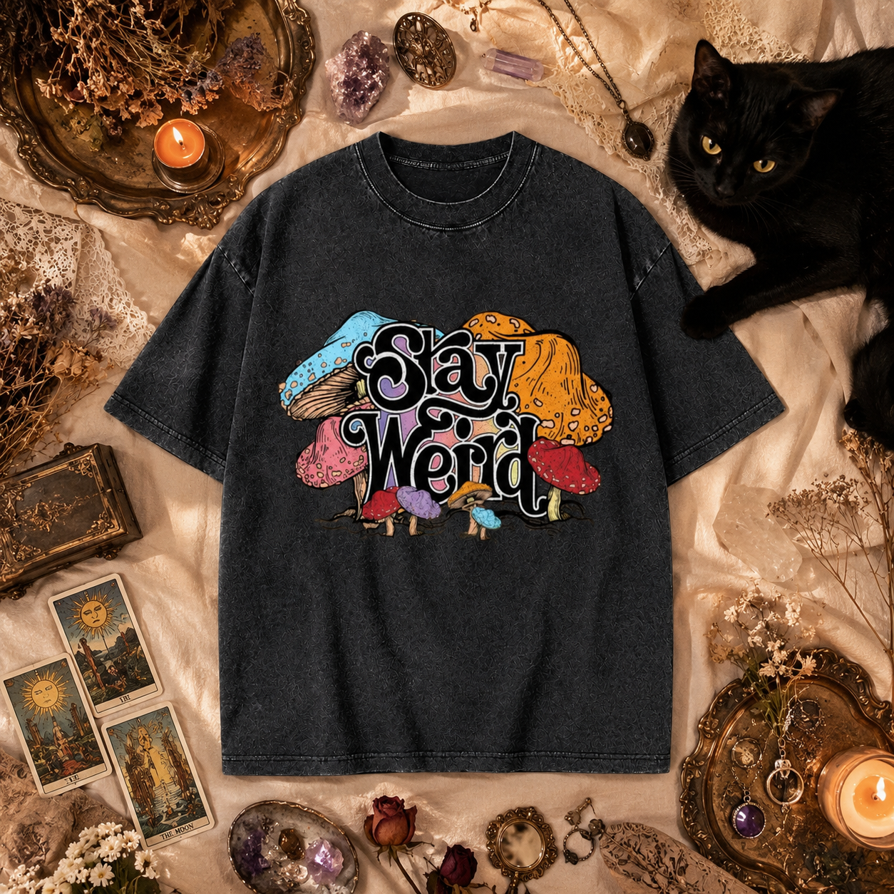 Moonnora Stay Weird Mushroom Graphic Tarot Card On Comfort Colors Washed T-Shirt