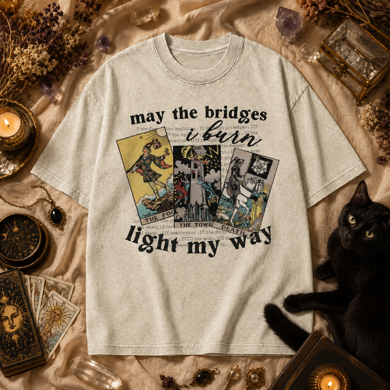 Moonnora May The Bridges I Burn Light My Way Tarot Card On Comfort Colors Washed T-Shirt