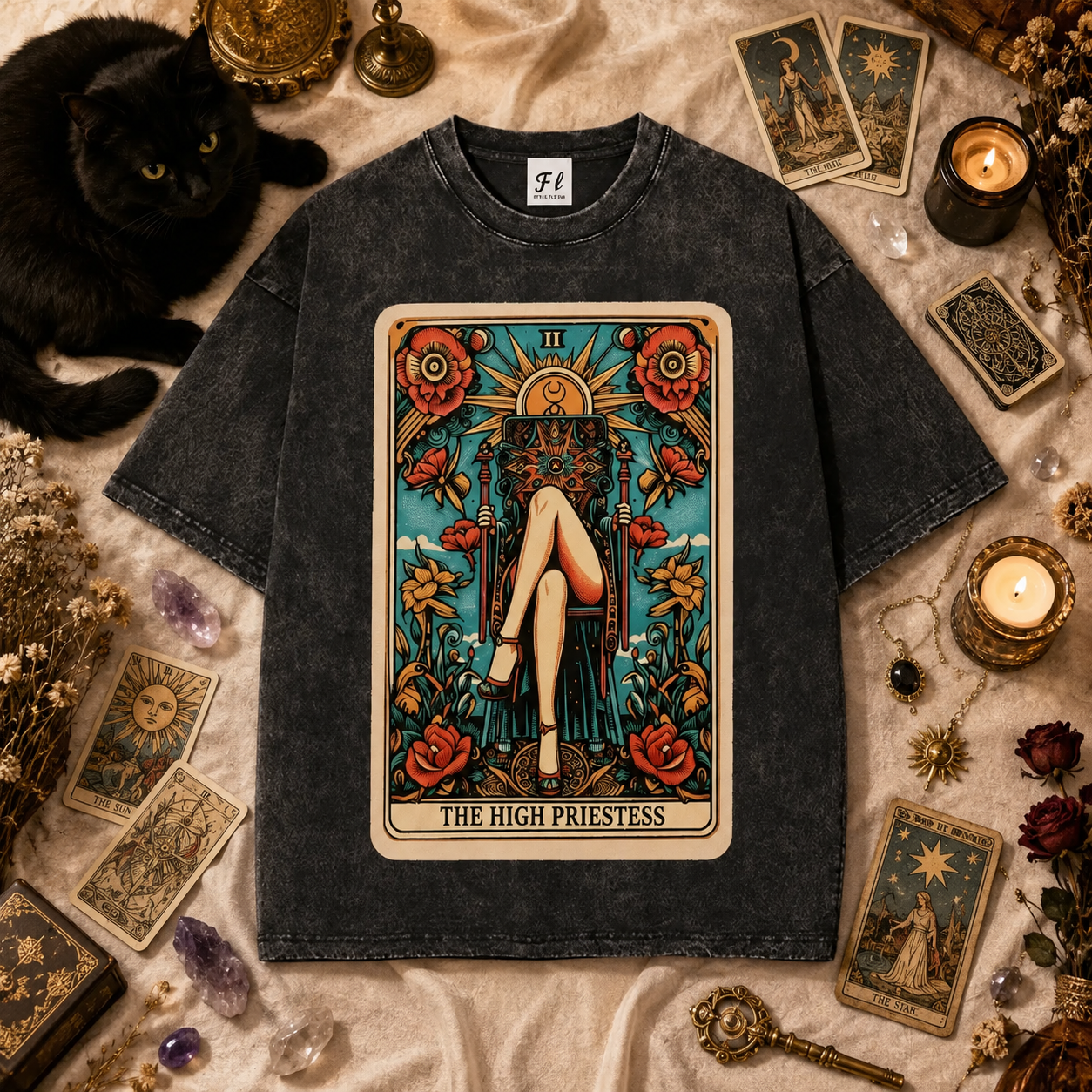 Moonnora Mystical Occult The High Priestess Tarot Card On Comfort Colors Washed T-Shirt