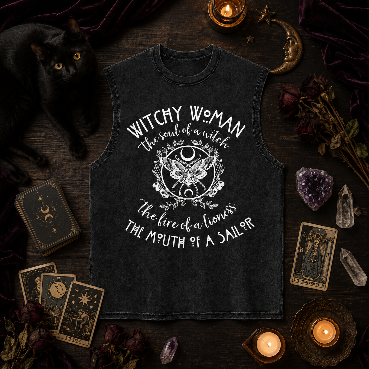 Moonnora Witch Women The Soul of Witch, The Fire of a Lioness, The Mouth of a Sailor Tarot Card On Comfort Colors Washed Tank