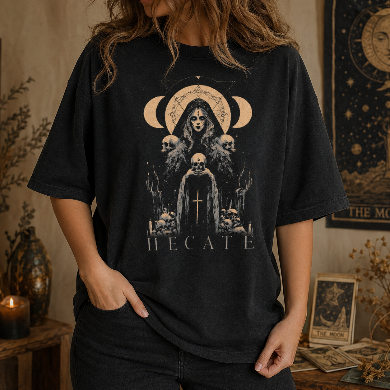 Moonnora Hecate Greek Goddess of Witchcraft Tarot Card On Comfort Colors T-Shirt