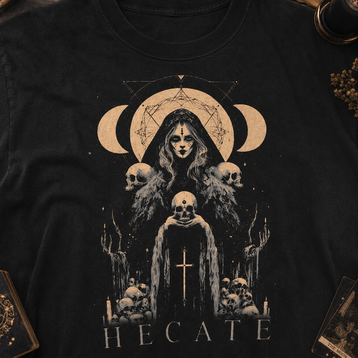 Moonnora Hecate Greek Goddess of Witchcraft Tarot Card On Comfort Colors T-Shirt
