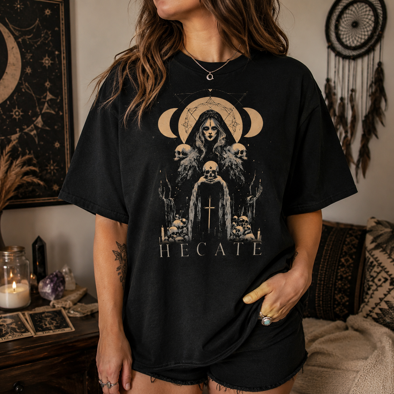 Moonnora Hecate Greek Goddess of Witchcraft Tarot Card On Comfort Colors T-Shirt