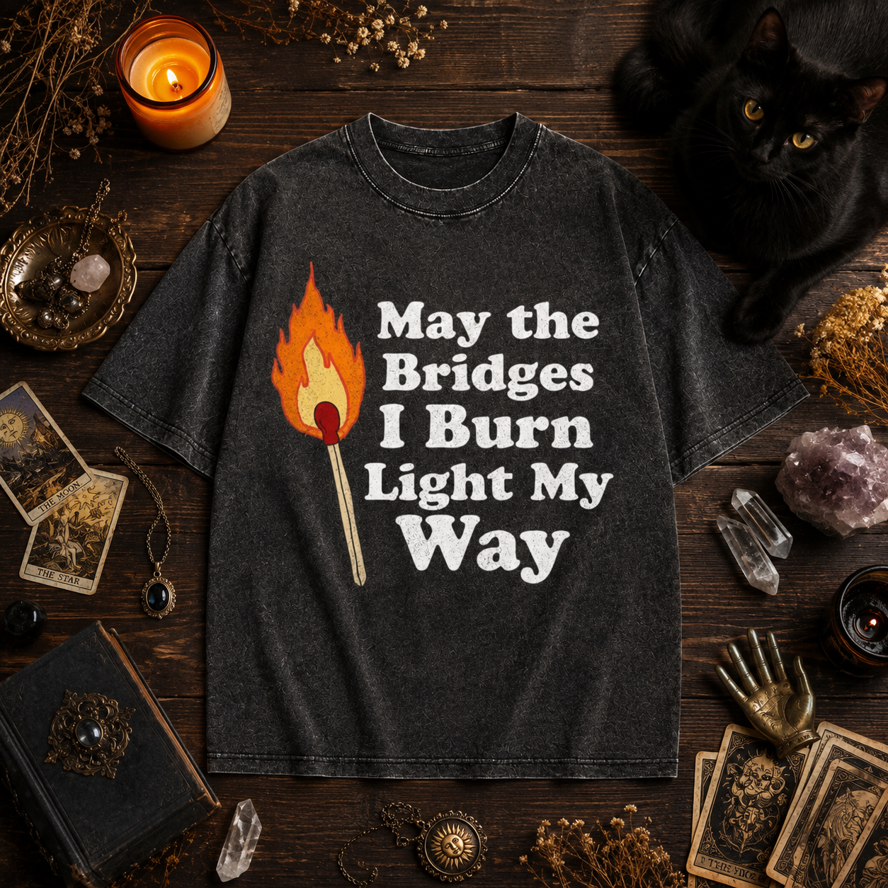 Moonnora May the Bridges I Burn Light My Way Mystery Tarot Card On Comfort Colors Washed T-Shirt