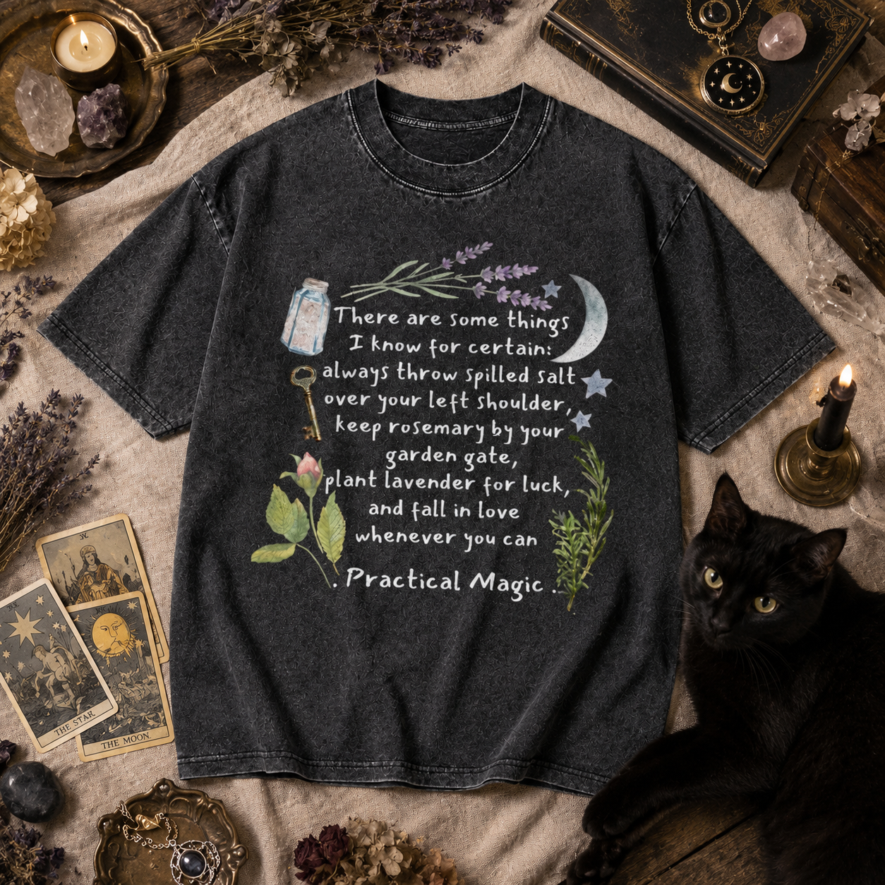 Moonnora Practical Magic Quote Tee Witchy Graphic Tarot Card On Comfort Colors Washed T-Shirt