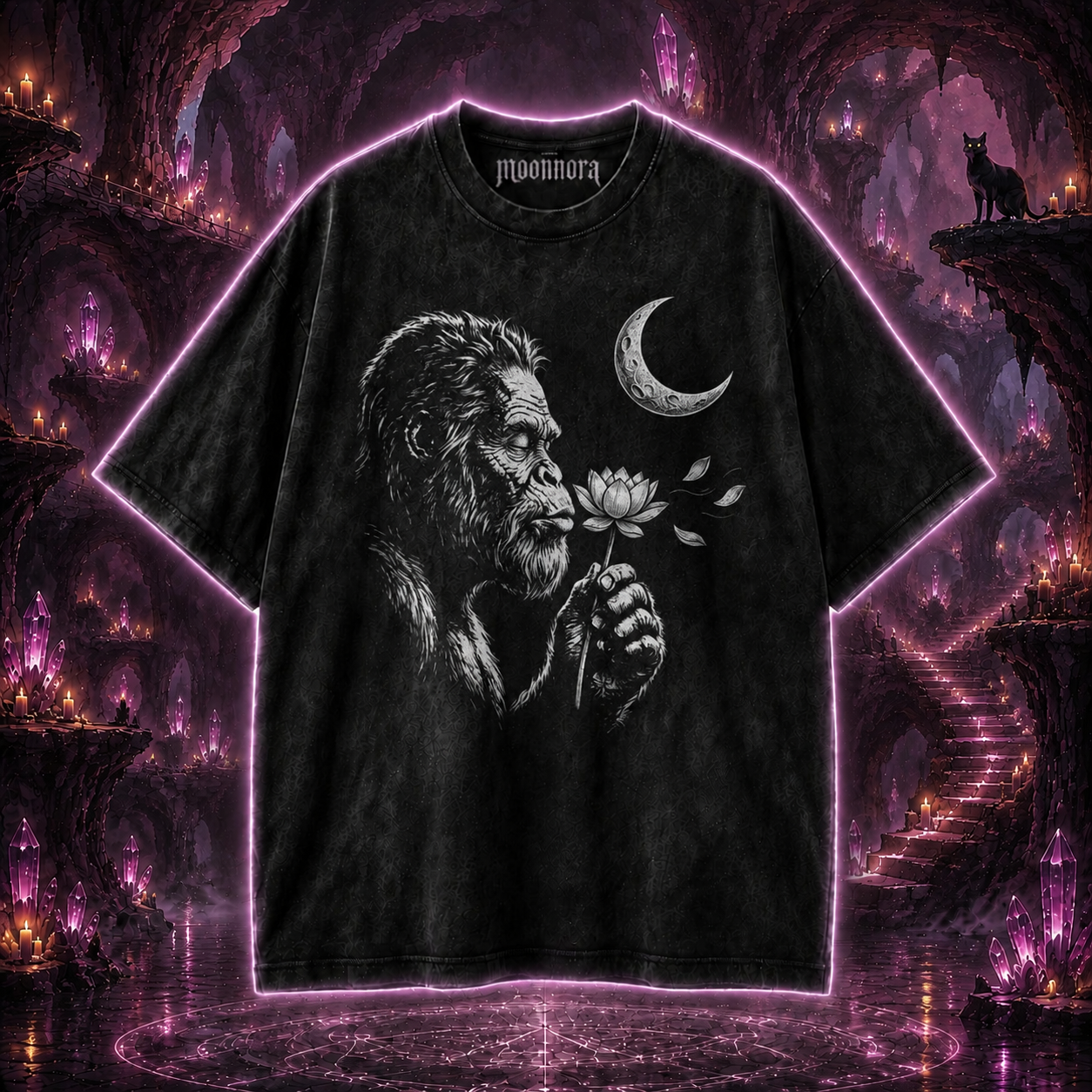 Moonnora Funny Bigfoot Blowing wishes Lotus Flower Dandelion Washed T-Shirt