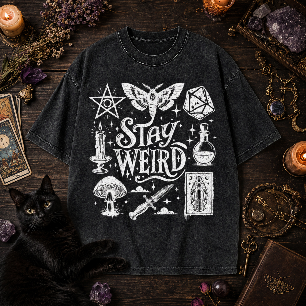 Moonnora Stay Weird Alternative Graphic Tarot Card On Comfort Colors Washed T-Shirt