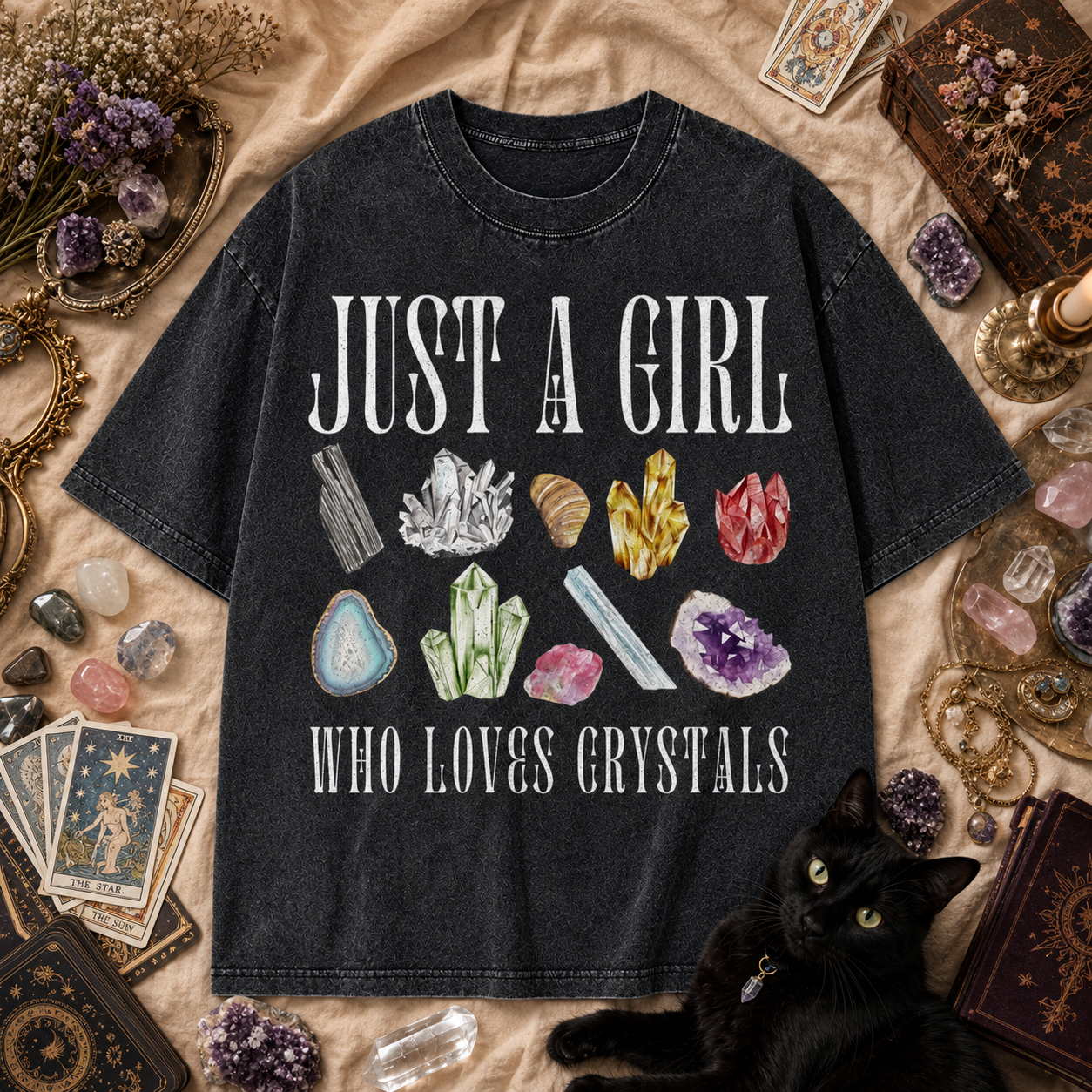 Moonnora Just a Girl Who Loves Crystals Witchy Dark Cottagecore Tarot Card On Comfort Colors Washed T-Shirt