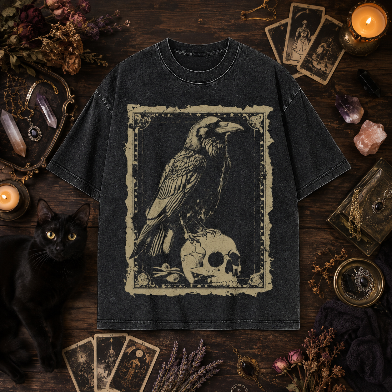 Moonnora Raven Antiqued Treatment Tarot Card On Comfort Colors Washed T-Shirt
