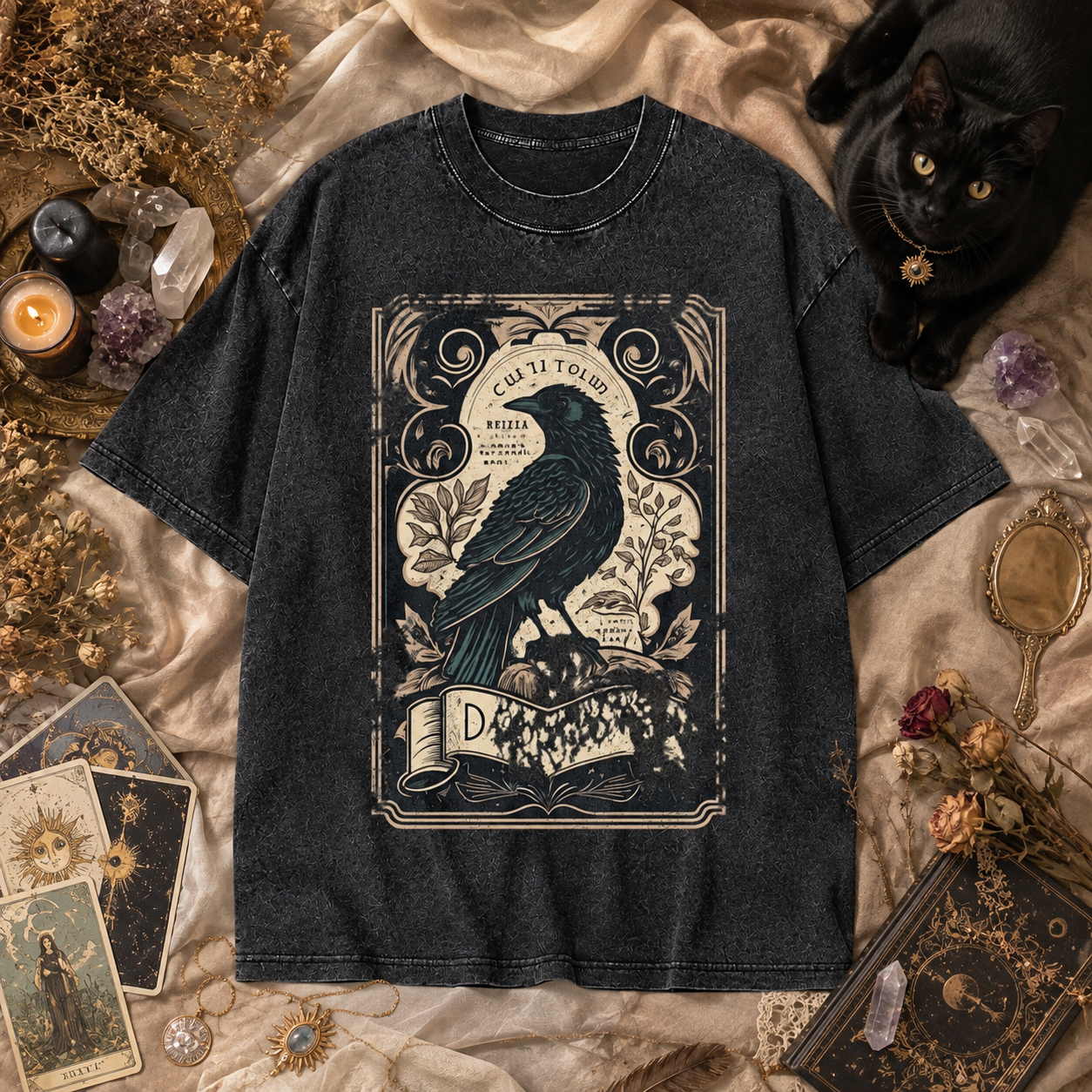 Moonnora Gothic Raven Celestial Tarot Card On Comfort Colors Washed T-Shirt