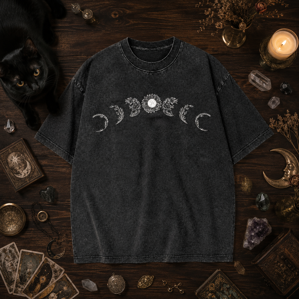 Moonnora Sunflower Moon Phases Tarot Card On Comfort Colors Washed T-Shirt