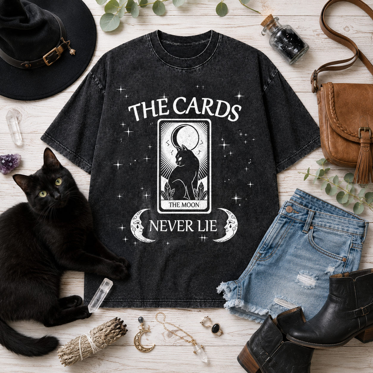 Moonnora The Cards Never Lie Black Cat The Moon Tarot Card On Comfort Colors Washed T-Shirt