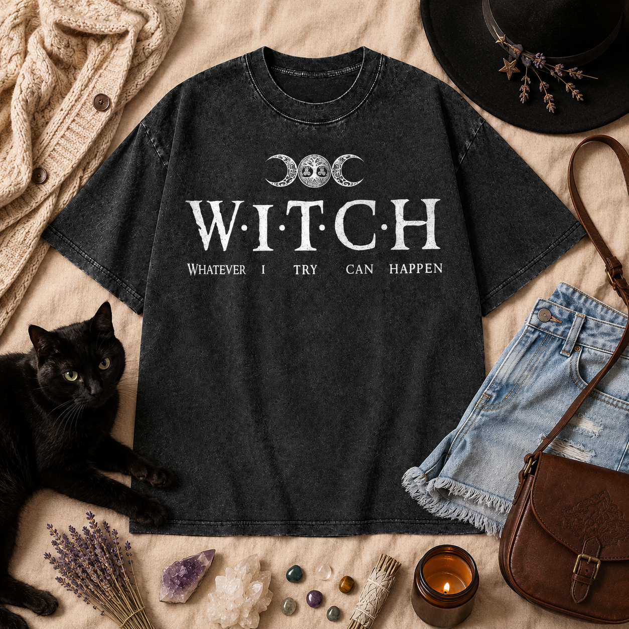 Moonnora Whatever I Try Can Happen Witch Tarot Card On Comfort Colors Washed T-Shirt