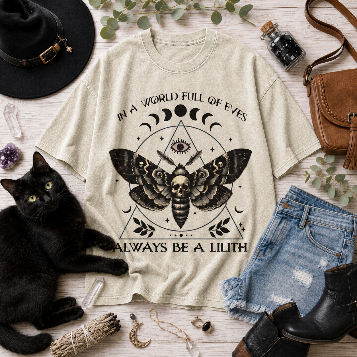 Moonnora In A World Of Eves Always Be A Lilith Moth Skull Tarot Card On Comfort Colors Washed T-Shirt