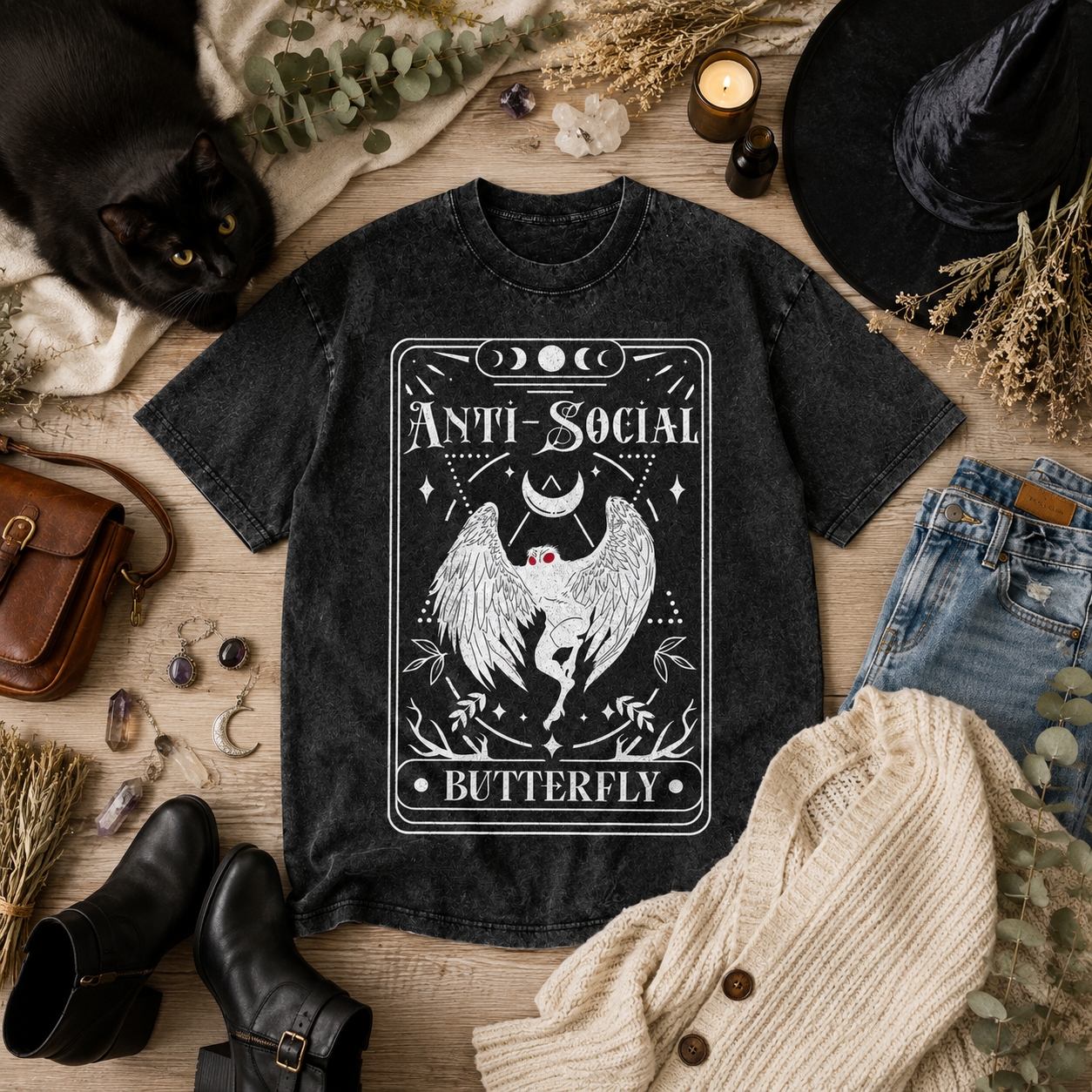 Moonnora Mothman Tarot Card Antisocial Butterfly Point Pleasant Monster Tarot Card On Comfort Colors Washed T-Shirt