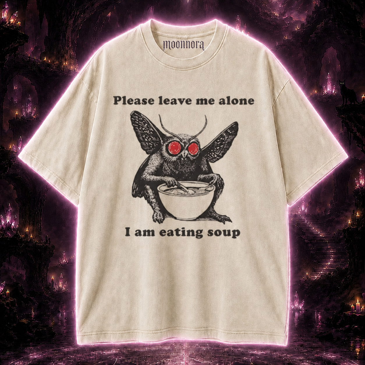 Moonnora Mothman Eating Soup: Please Leave Me Alone I'm Eating Soup Tarot Card On Comfort Colors Washed T-Shirt