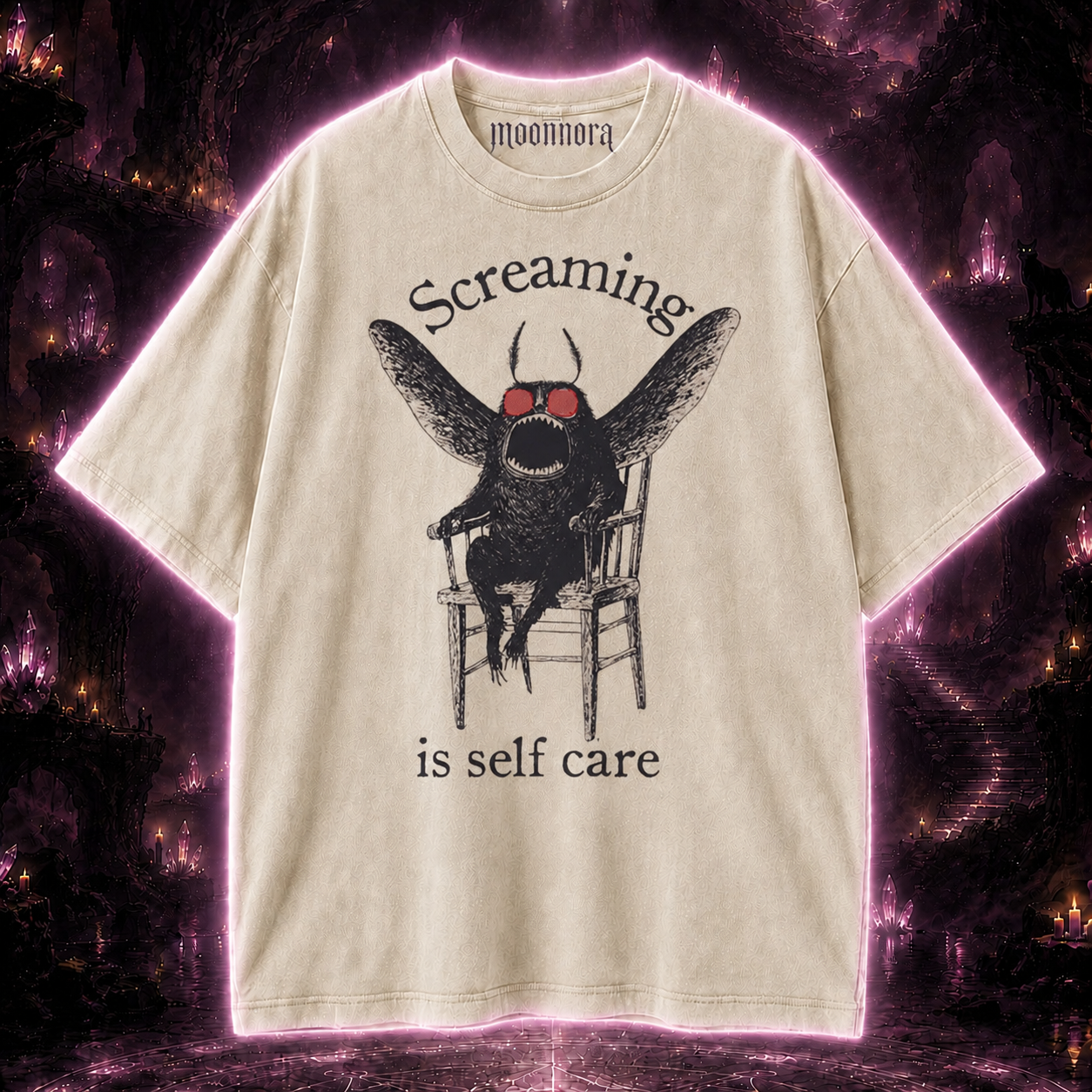 Moonnora Funny Mothman Screaming Is Self Care Tarot Card On Comfort Colors Washed T-Shirt