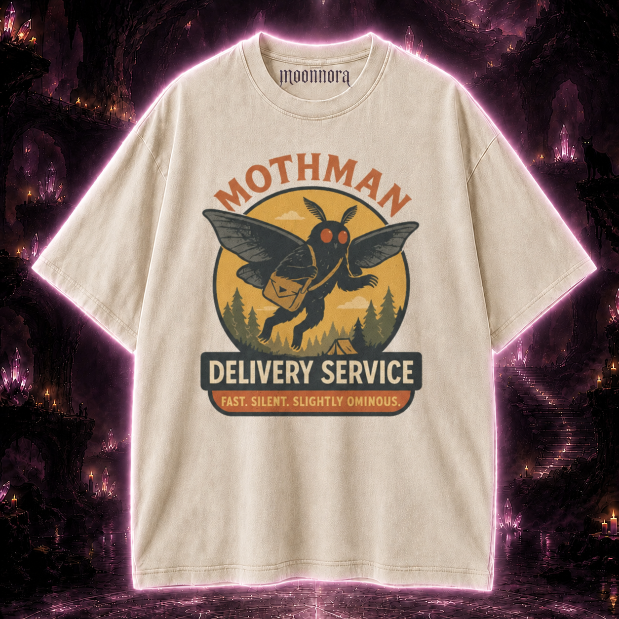 Moonnora Funny Mothman Ominous Delivery Service Tarot Card On Comfort Colors Washed T-Shirt