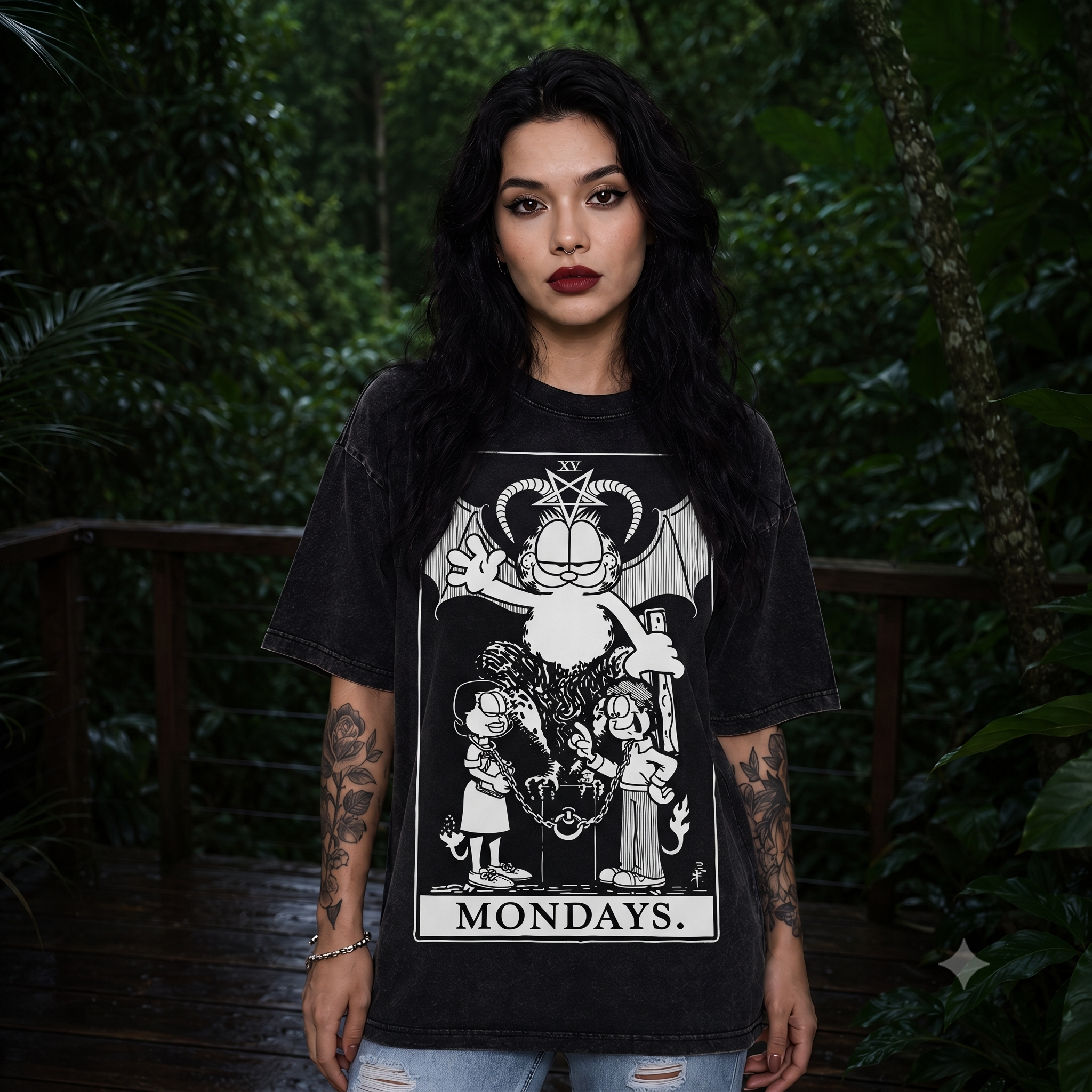 Moonnora The Devil Funny Lazy Cat Occult Meme Mondays Tarot Card On Comfort Colors Washed T-Shirt
