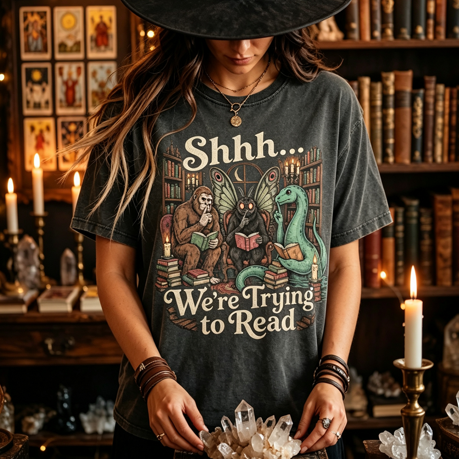 Moonnora Shhh We're Trying to Read Cryptid Washed T-Shirt