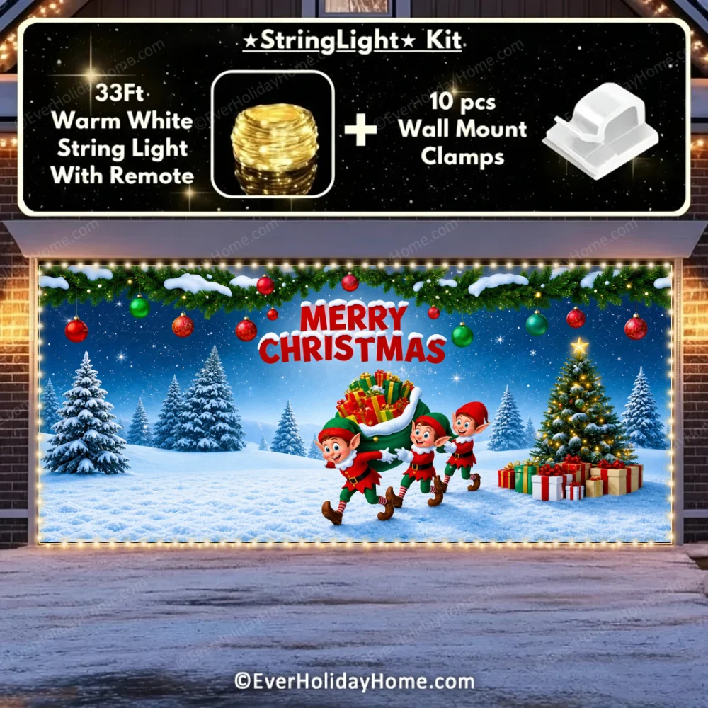 Elf Village | Christmas Garage Door Cover additional product image