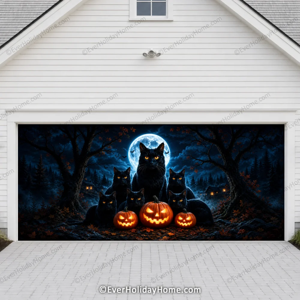Witching Whiskers (Glow)| Black Cat Halloween Garage Door Cover