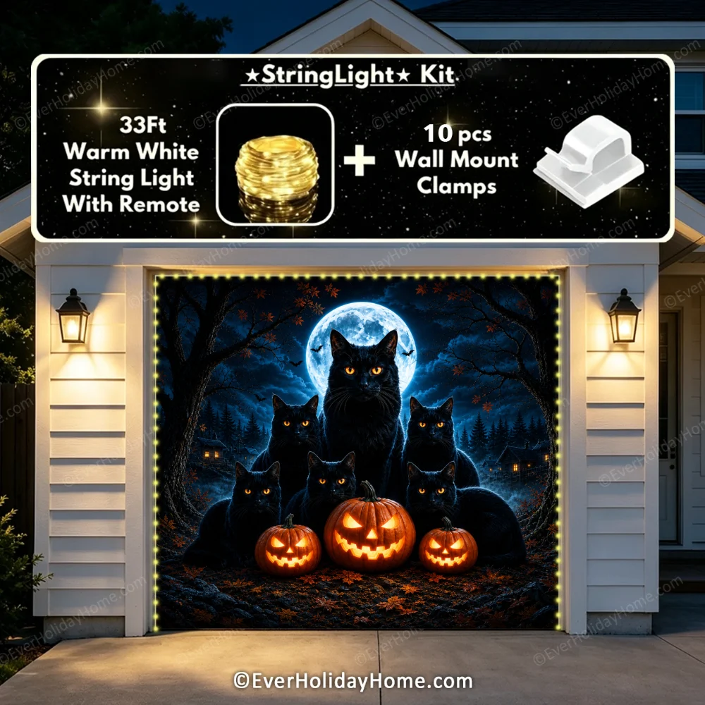 Witching Whiskers (Glow)| Black Cat Halloween Garage Door Cover