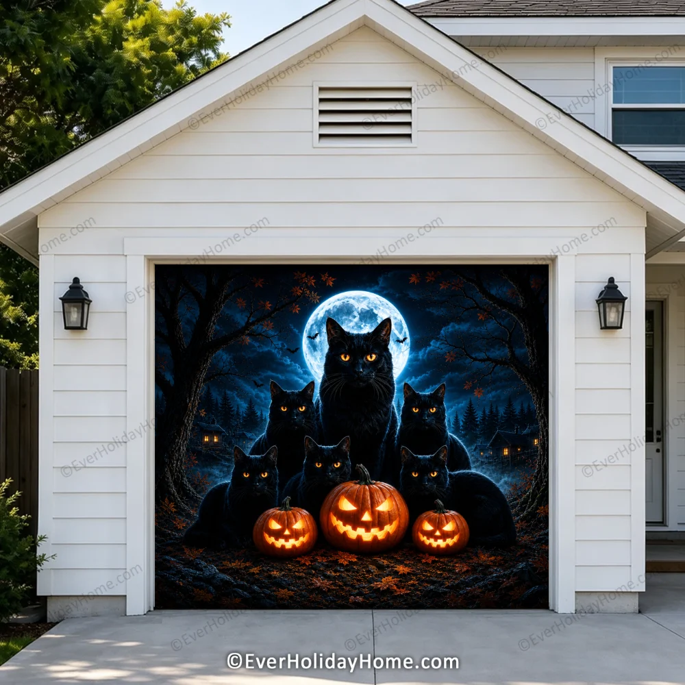 Witching Whiskers (Glow)| Black Cat Halloween Garage Door Cover